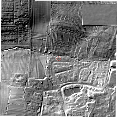 Shaded relief map of the ground around LE79SY, computed from Environment Agency LiDAR. The ground here sits at about 100 m above sea level and falls 32 m across the surrounding 800 m. Surface water reaching this point runs off ground lying to the east-south-east, 22.1 m higher.