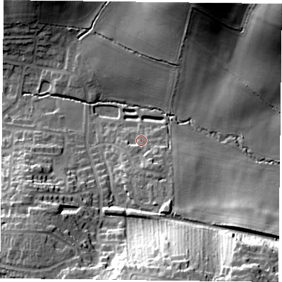 Shaded relief map of the ground around LE79TZ, computed from Environment Agency LiDAR. The ground here sits at about 93 m above sea level and falls 37 m across the surrounding 800 m. Surface water reaching this point runs off ground lying to the south-south-east, 11.8 m higher.