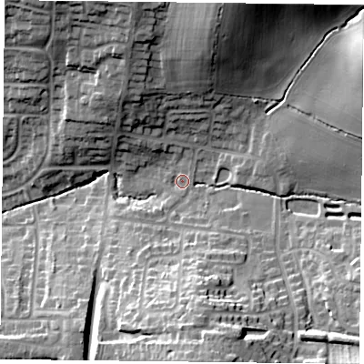 Shaded relief map of the ground around LE79UA, computed from Environment Agency LiDAR. The ground here sits at about 87 m above sea level and falls 28 m across the surrounding 800 m. Surface water reaching this point runs off ground lying to the south, 23.9 m higher.