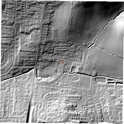 Shaded relief map of the ground around LE79UD, computed from Environment Agency LiDAR. The ground here sits at about 87 m above sea level and falls 34 m across the surrounding 800 m. Surface water reaching this point runs off ground lying to the north-north-east, 30.0 m higher.