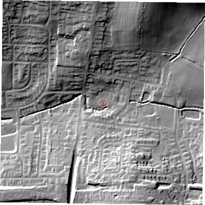 Shaded relief map of the ground around LE79UE, computed from Environment Agency LiDAR. The ground here sits at about 86 m above sea level and falls 29 m across the surrounding 800 m. Surface water reaching this point runs off ground lying to the south-south-east, 23.9 m higher.