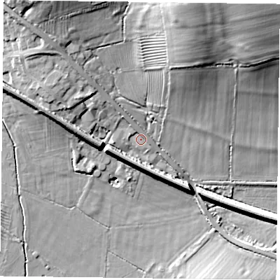 Shaded relief map of the ground around LE80EX, computed from Environment Agency LiDAR. The ground here sits at about 93 m above sea level and falls 25 m across the surrounding 800 m. Surface water reaching this point runs off ground lying to the north-north-west, 1.6 m higher.
