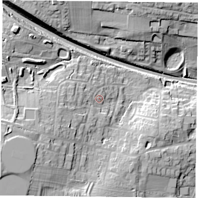Shaded relief map of the ground around LE80HD, computed from Environment Agency LiDAR. The ground here sits at about 117 m above sea level and falls 24 m across the surrounding 800 m. Surface water reaching this point runs off ground lying to the south-west, 8.2 m higher.