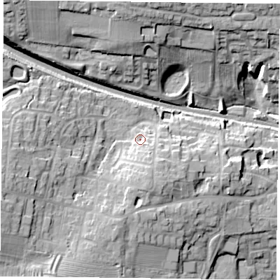 Shaded relief map of the ground around LE80HU, computed from Environment Agency LiDAR. The ground here sits at about 113 m above sea level and falls 22 m across the surrounding 800 m. Surface water reaching this point runs off ground lying to the south-south-east, 6.1 m higher.