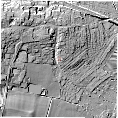 Shaded relief map of the ground around LE80LP, computed from Environment Agency LiDAR. The ground here sits at about 105 m above sea level and falls 28 m across the surrounding 800 m. Surface water reaching this point runs off ground lying to the north-west, 12.2 m higher.