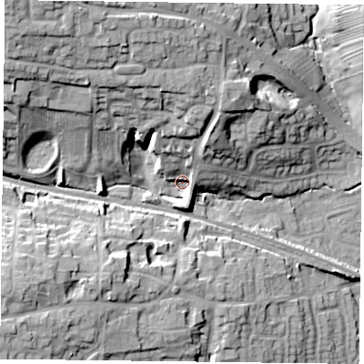 Shaded relief map of the ground around LE80NX, computed from Environment Agency LiDAR. The ground here sits at about 104 m above sea level and falls 32 m across the surrounding 800 m. Surface water reaching this point runs off ground lying to the north-west, 25.8 m higher.