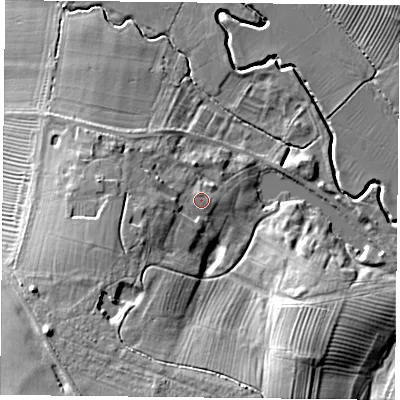 Shaded relief map of the ground around LE80QF, computed from Environment Agency LiDAR. The ground here sits at about 92 m above sea level and falls 23 m across the surrounding 800 m. Surface water reaching this point runs off ground lying to the south-west, 11.6 m higher.