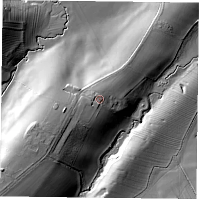 Shaded relief map of the ground around LE80QP, computed from Environment Agency LiDAR. The ground here sits at about 131 m above sea level and falls 38 m across the surrounding 800 m. Surface water reaching this point runs off ground lying to the west-south-west, 6.7 m higher.