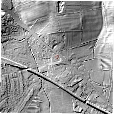 Shaded relief map of the ground around LE80RB, computed from Environment Agency LiDAR. The ground here sits at about 102 m above sea level and falls 29 m across the surrounding 800 m. Surface water reaching this point runs off ground lying to the north, 9.9 m higher.