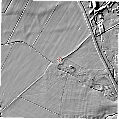 Shaded relief map of the ground around LE80RD, computed from Environment Agency LiDAR. The ground here sits at about 84 m above sea level and falls 15 m across the surrounding 800 m. Surface water reaching this point runs off ground lying to the east, 0.6 m higher.