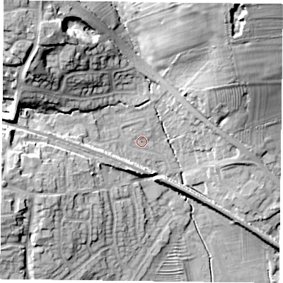 Shaded relief map of the ground around LE80SA, computed from Environment Agency LiDAR. The ground here sits at about 99 m above sea level and falls 29 m across the surrounding 800 m. Surface water reaching this point runs off ground lying to the north-west, 20.0 m higher.