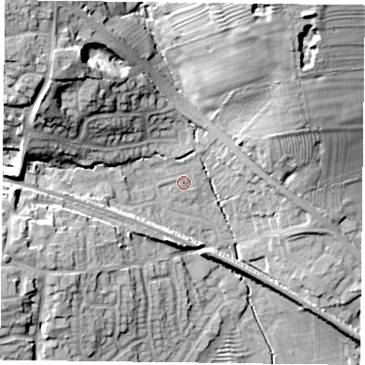Shaded relief map of the ground around LE80SB, computed from Environment Agency LiDAR. The ground here sits at about 99 m above sea level and falls 31 m across the surrounding 800 m. Surface water reaching this point runs off ground lying to the north-north-west, 0.9 m higher.