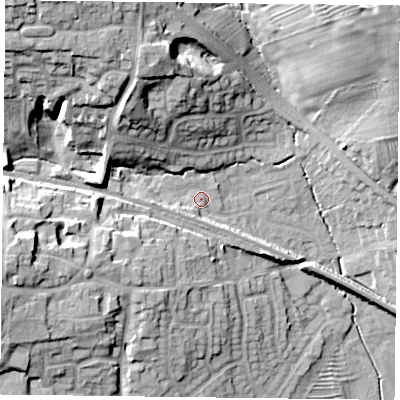 Shaded relief map of the ground around LE80SD, computed from Environment Agency LiDAR. The ground here sits at about 101 m above sea level and falls 32 m across the surrounding 800 m. Surface water reaching this point runs off ground lying to the west, 3.9 m higher.