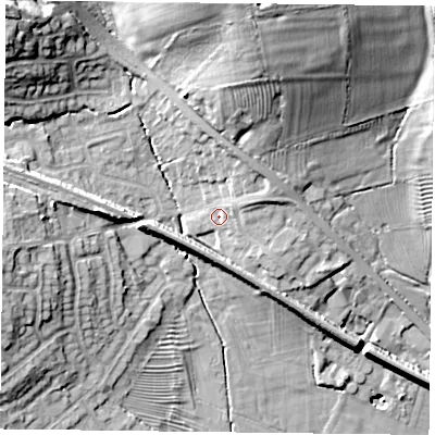 Shaded relief map of the ground around LE80SL, computed from Environment Agency LiDAR. The ground here sits at about 98 m above sea level and falls 29 m across the surrounding 800 m. Surface water reaching this point runs off ground lying to the east-north-east, 1.9 m higher.