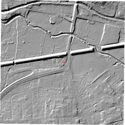Shaded relief map of the ground around LE84EZ, computed from Environment Agency LiDAR. The ground here sits at about 66 m above sea level and falls 13 m across the surrounding 800 m. Surface water reaching this point runs off ground lying to the south-south-east, 2.2 m higher.