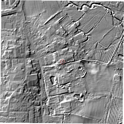 Shaded relief map of the ground around LE84FA, computed from Environment Agency LiDAR. The ground here sits at about 70 m above sea level and falls 11 m across the surrounding 800 m. Surface water reaching this point runs off ground lying to the north, 1.0 m higher.