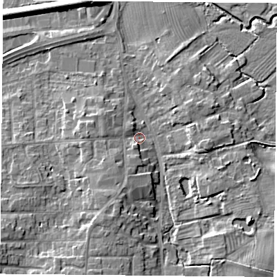 Shaded relief map of the ground around LE84FD, computed from Environment Agency LiDAR. The ground here sits at about 66 m above sea level and falls 9 m across the surrounding 800 m. Surface water reaching this point runs off ground lying to the south-east, 7.2 m higher.