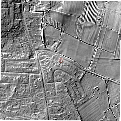 Shaded relief map of the ground around LE84FE, computed from Environment Agency LiDAR. The ground here sits at about 71 m above sea level and falls 12 m across the surrounding 800 m. Surface water reaching this point runs off ground lying to the south-south-east, 2.0 m higher.
