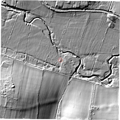 Shaded relief map of the ground around LE84FG, computed from Environment Agency LiDAR. The ground here sits at about 67 m above sea level and falls 16 m across the surrounding 800 m. Surface water reaching this point runs off ground lying to the south-south-east, 1.5 m higher.
