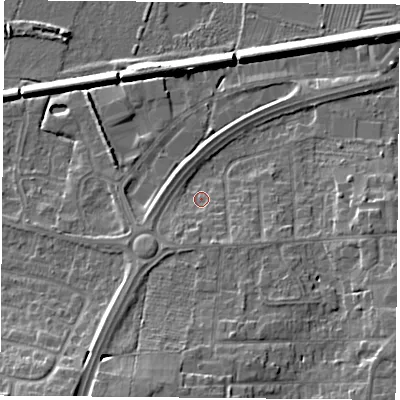 Shaded relief map of the ground around LE84FH, computed from Environment Agency LiDAR. The ground here sits at about 66 m above sea level and falls 12 m across the surrounding 800 m. Surface water reaching this point runs off ground lying to the south, 7.8 m higher.