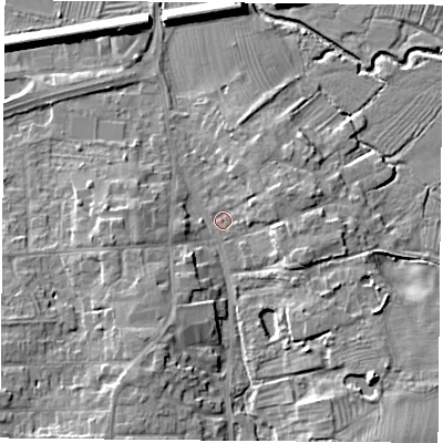 Shaded relief map of the ground around LE84FJ, computed from Environment Agency LiDAR. The ground here sits at about 66 m above sea level and falls 9 m across the surrounding 800 m. Surface water reaching this point runs off ground lying to the south-east, 7.2 m higher.