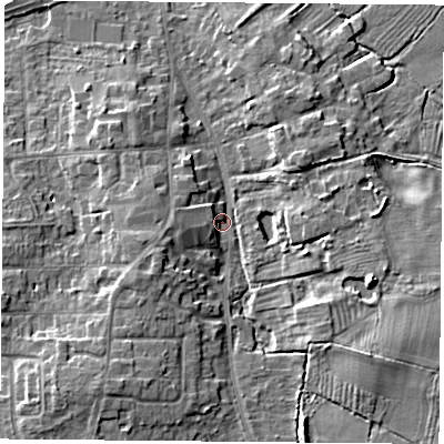Shaded relief map of the ground around LE84FL, computed from Environment Agency LiDAR. The ground here sits at about 67 m above sea level and falls 10 m across the surrounding 800 m. Surface water reaching this point runs off ground lying to the south-south-west, 7.6 m higher.