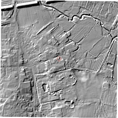 Shaded relief map of the ground around LE84FU, computed from Environment Agency LiDAR. The ground here sits at about 69 m above sea level and falls 9 m across the surrounding 800 m. Surface water reaching this point runs off ground lying to the south-south-west, 2.4 m higher.