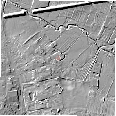Shaded relief map of the ground around LE84FW, computed from Environment Agency LiDAR. The ground here sits at about 66 m above sea level and falls 10 m across the surrounding 800 m. Surface water reaching this point runs off ground lying to the south-west, 4.3 m higher.