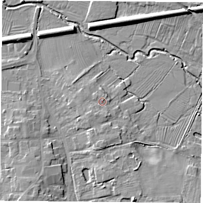 Shaded relief map of the ground around LE84GB, computed from Environment Agency LiDAR. The ground here sits at about 68 m above sea level and falls 10 m across the surrounding 800 m. Surface water reaching this point runs off ground lying to the south-south-west, 2.3 m higher.