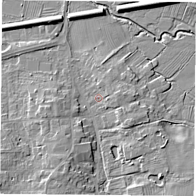 Shaded relief map of the ground around LE84GE, computed from Environment Agency LiDAR. The ground here sits at about 66 m above sea level and falls 9 m across the surrounding 800 m. Surface water reaching this point runs off ground lying to the east, 3.9 m higher.