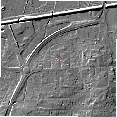 Shaded relief map of the ground around LE84GH, computed from Environment Agency LiDAR. The ground here sits at about 67 m above sea level and falls 13 m across the surrounding 800 m. Surface water reaching this point runs off ground lying to the south-south-west, 3.0 m higher.