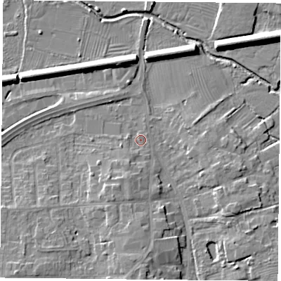Shaded relief map of the ground around LE84GQ, computed from Environment Agency LiDAR. The ground here sits at about 66 m above sea level and falls 9 m across the surrounding 800 m. Surface water reaching this point runs off ground lying to the south, 5.8 m higher.