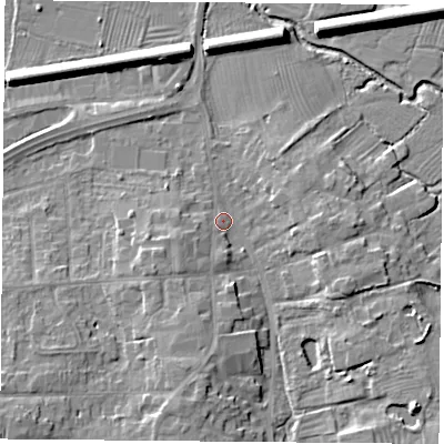 Shaded relief map of the ground around LE84GR, computed from Environment Agency LiDAR. The ground here sits at about 66 m above sea level and falls 9 m across the surrounding 800 m. Surface water reaching this point runs off ground lying to the south-east, 7.2 m higher.