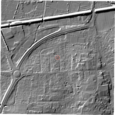 Shaded relief map of the ground around LE84GT, computed from Environment Agency LiDAR. The ground here sits at about 66 m above sea level and falls 11 m across the surrounding 800 m. Surface water reaching this point runs off ground lying to the south-south-west, 6.9 m higher.