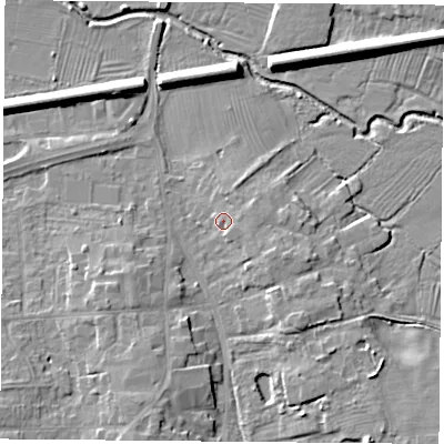 Shaded relief map of the ground around LE84GU, computed from Environment Agency LiDAR. The ground here sits at about 68 m above sea level and falls 10 m across the surrounding 800 m. Surface water reaching this point runs off ground lying to the east-south-east, 2.5 m higher.