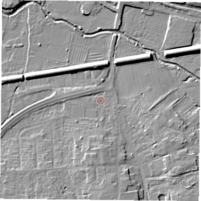 Shaded relief map of the ground around LE84GX, computed from Environment Agency LiDAR. The ground here sits at about 65 m above sea level and falls 9 m across the surrounding 800 m. Surface water reaching this point runs off ground lying to the south, 3.4 m higher.