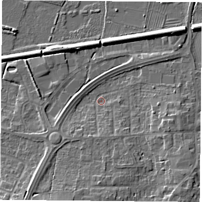 Shaded relief map of the ground around LE84GY, computed from Environment Agency LiDAR. The ground here sits at about 65 m above sea level and falls 10 m across the surrounding 800 m. Surface water reaching this point runs off ground lying to the south, 7.4 m higher.