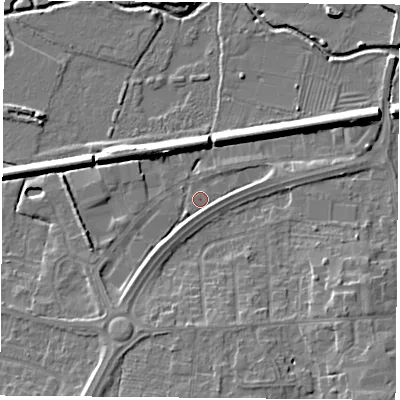 Shaded relief map of the ground around LE84GZ, computed from Environment Agency LiDAR. The ground here sits at about 65 m above sea level and falls 9 m across the surrounding 800 m. Surface water reaching this point runs off ground lying to the east-north-east, 2.0 m higher.