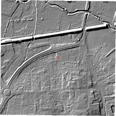 Shaded relief map of the ground around LE84HU, computed from Environment Agency LiDAR. The ground here sits at about 66 m above sea level and falls 9 m across the surrounding 800 m. Surface water reaching this point runs off ground lying to the south-south-east, 6.6 m higher.