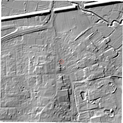 Shaded relief map of the ground around LE84HW, computed from Environment Agency LiDAR. The ground here sits at about 66 m above sea level and falls 9 m across the surrounding 800 m. Surface water reaching this point runs off ground lying to the south-east, 7.2 m higher.