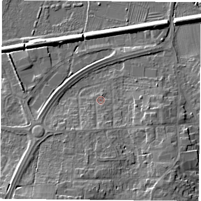 Shaded relief map of the ground around LE84HX, computed from Environment Agency LiDAR. The ground here sits at about 66 m above sea level and falls 11 m across the surrounding 800 m. Surface water reaching this point runs off ground lying to the south-south-west, 6.9 m higher.