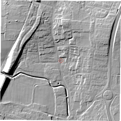 Shaded relief map of the ground around LE86AG, computed from Environment Agency LiDAR. The ground here sits at about 65 m above sea level and falls 15 m across the surrounding 800 m. Surface water reaching this point runs off ground lying to the east-north-east, 10.2 m higher.