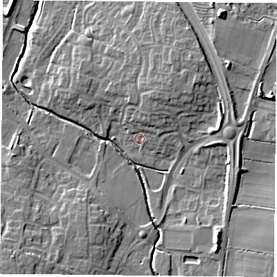 Shaded relief map of the ground around LE86EY, computed from Environment Agency LiDAR. The ground here sits at about 70 m above sea level and falls 15 m across the surrounding 800 m. Surface water reaching this point runs off ground lying to the north-north-east, 5.1 m higher.