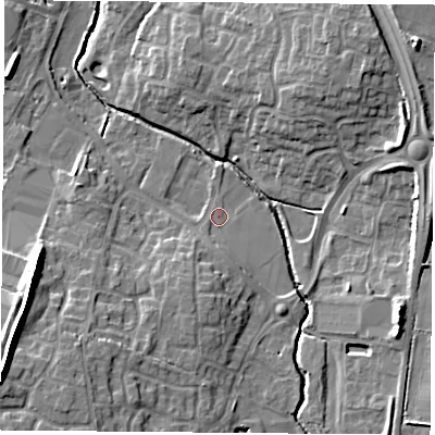 Shaded relief map of the ground around LE86FA, computed from Environment Agency LiDAR. The ground here sits at about 69 m above sea level and falls 16 m across the surrounding 800 m. Surface water reaching this point runs off ground lying to the south-south-west, 4.5 m higher.