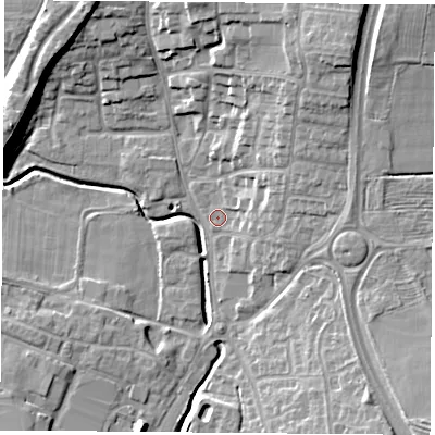 Shaded relief map of the ground around LE86LA, computed from Environment Agency LiDAR. The ground here sits at about 66 m above sea level and falls 14 m across the surrounding 800 m. Surface water reaching this point runs off ground lying to the east-north-east, 5.5 m higher.