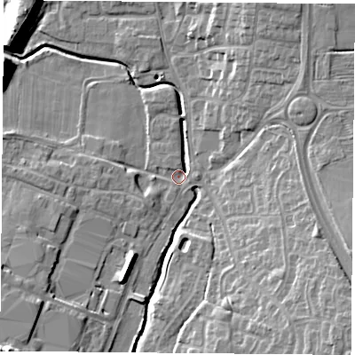 Shaded relief map of the ground around LE86LB, computed from Environment Agency LiDAR. The ground here sits at about 66 m above sea level and falls 14 m across the surrounding 800 m. Surface water reaching this point runs off ground lying to the south-east, 12.0 m higher.