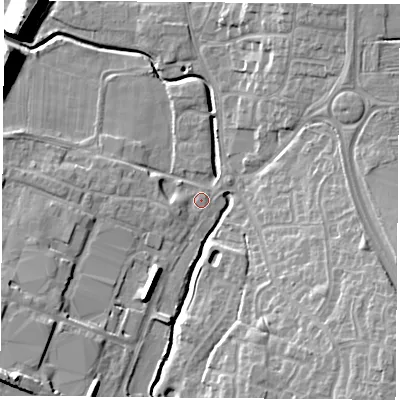 Shaded relief map of the ground around LE86LF, computed from Environment Agency LiDAR. The ground here sits at about 66 m above sea level and falls 14 m across the surrounding 800 m. Surface water reaching this point runs off ground lying to the south-east, 11.5 m higher.