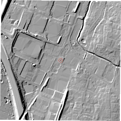 Shaded relief map of the ground around LE86LG, computed from Environment Agency LiDAR. The ground here sits at about 70 m above sea level and falls 18 m across the surrounding 800 m. Surface water reaching this point runs off ground lying to the south-south-west, 12.9 m higher.