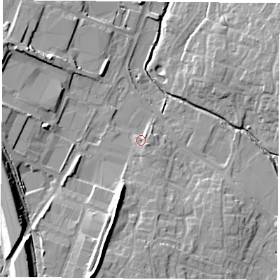 Shaded relief map of the ground around LE86LJ, computed from Environment Agency LiDAR. The ground here sits at about 70 m above sea level and falls 18 m across the surrounding 800 m. Surface water reaching this point runs off ground lying to the south-east, 2.7 m higher.