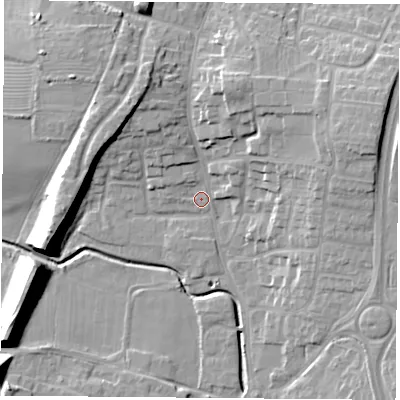 Shaded relief map of the ground around LE86LQ, computed from Environment Agency LiDAR. The ground here sits at about 66 m above sea level and falls 16 m across the surrounding 800 m. Surface water reaching this point runs off ground lying to the north-north-east, 9.4 m higher.